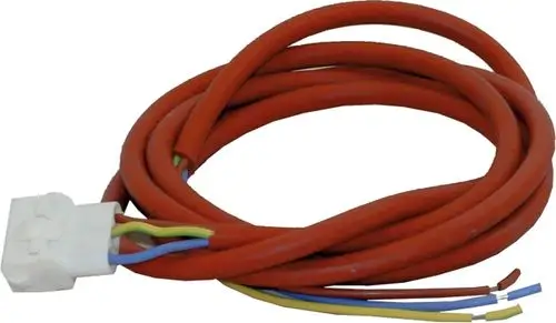 Rotes Kabel mit weißen und farbigen Drähten, verbunden mit einem weißen Stecker, verwendet in Wolf Reinigungsgeräten.